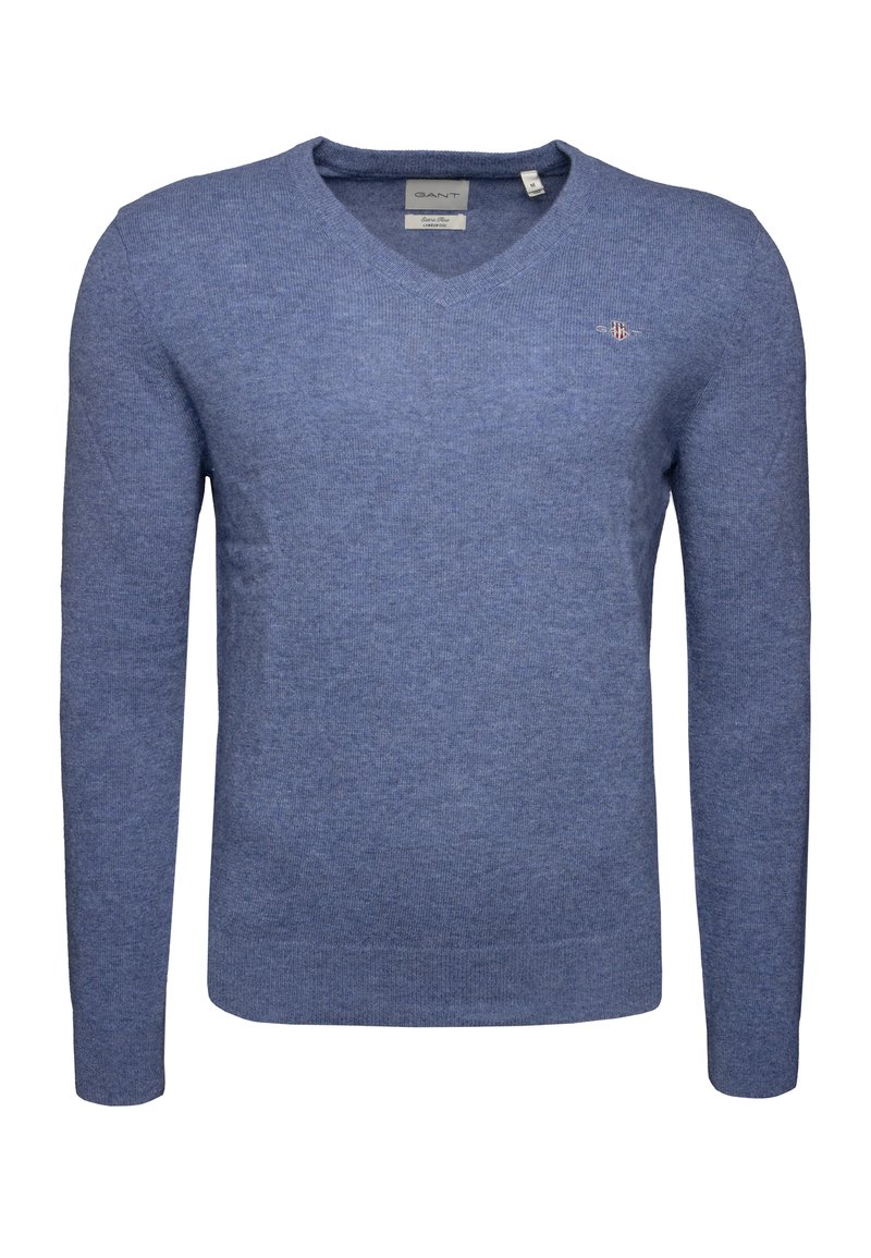Blauer Wollpullover mit langen Ärmeln und V-Ausschnitt, mit kleinem gesticktem Logo auf der linken Brust sowie gerippten Bündchen und Saum.