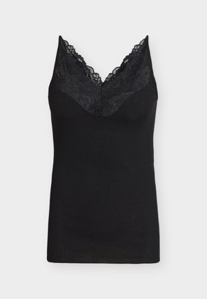 Camisole nero a coste con rifinitura in pizzo sullo scollo a V, design senza maniche e silhouette aderente su sfondo neutro.