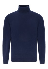 Granatowy sweter z wysokim kołnierzem, wykonany z miękkiej, teksturowanej tkaniny. Posiada długie rękawy oraz prążkowany kołnierz i dół. Prosty, klasyczny design.