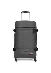 Grå tygresväska med teleskophandtag, två hjul, sidostängar och en liten framficka. Varumärkeslogotyp synlig på den nedre framsidan.