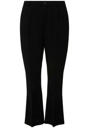 Pantaloni neri su misura con design a gamba dritta, dotati di chiusura con bottone, tasche laterali e una texture liscia. Nessun motivo visibile.