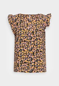 Haut noir à fleurs avec manches courtes à volants, présentant un décolleté en V. Motif comprenant de petites fleurs roses, jaunes et blanches. Style décontracté.