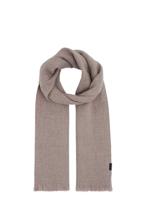 Light brown knitted scarf with subtle herringbone pattern and frayed edges, shown looped with both ends hanging down.