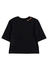 Camiseta de algodón negra con mangas cortas, con un cuello redondo. El diseño de la parte trasera incluye el texto naranja "Tómalo con calma" cerca del cuello.