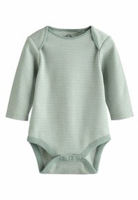 Body z długim rękawem w jasnym zielonym kolorze w białe paski, z okrągłym dekoltem i zapięciem na napy na dole. Miękki, elastyczny materiał.