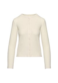 Light beige long-sleeve cardigan, ribbed texture, round neckline, seven buttons down the front, cropped fit, made from soft material.