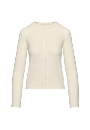 Lichtbeige cardigan met lange mouwen, geribbelde structuur, ronde halslijn, zeven knopen aan de voorkant, cropped pasvorm, gemaakt van zacht materiaal.