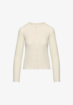 Hellbeige Cardigan mit langen Ärmeln, gerippte Textur, Rundhalsausschnitt, sieben Knöpfe vorne, verkürzte Passform, aus weichem Material gefertigt.