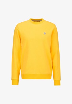 Helles gelbes Sweatshirt mit langen Ärmeln und Rundhalsausschnitt, mit gerippten Bündchen an Ärmeln und Saum, ausgestattet mit einem kleinen gestickten Schild-Logo auf der linken Brust.