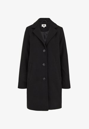 Schwarzer Wollmantel mit Schößchenkragen, fünf Knopfverschluss, zwei Seitentaschen und mittellanger Passform. Glatte Innenauskleidung.