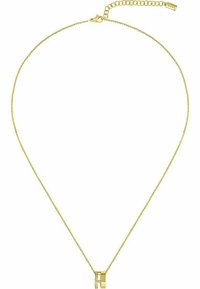 Collana in tono oro con una sottile catena, caratterizzata da un pendente geometrico con dettagli trasparenti e chiusura a moschettone. Lunghezza regolabile.