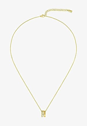 Collar en tono dorado con una cadena fina, que presenta un colgante geométrico con acentos claros y un cierre de langosta. Longitud ajustable.