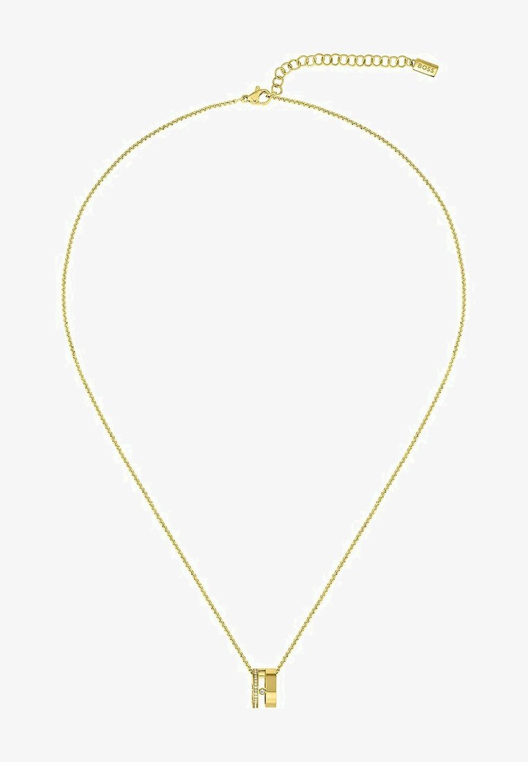 Goudkleurige ketting met een fijne schakel, voorzien van een geometrische hanger met heldere accenten en een sluiting met een kreeftsluiting. Verstelbare lengte.