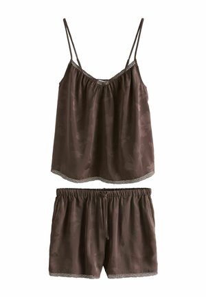 Bruin zijdezacht camisole- en shortset met delicate kanten afwerking aan de randen, met verstelbare dunne bandjes en shorts met elastische tailleband.