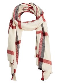 Écharpe douce en crêpe avec de larges rayures à carreaux rouge et gris, enroulée lâchement avec des bords à franges.