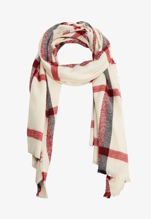 Écharpe douce en crêpe avec de larges rayures à carreaux rouge et gris, enroulée lâchement avec des bords à franges.