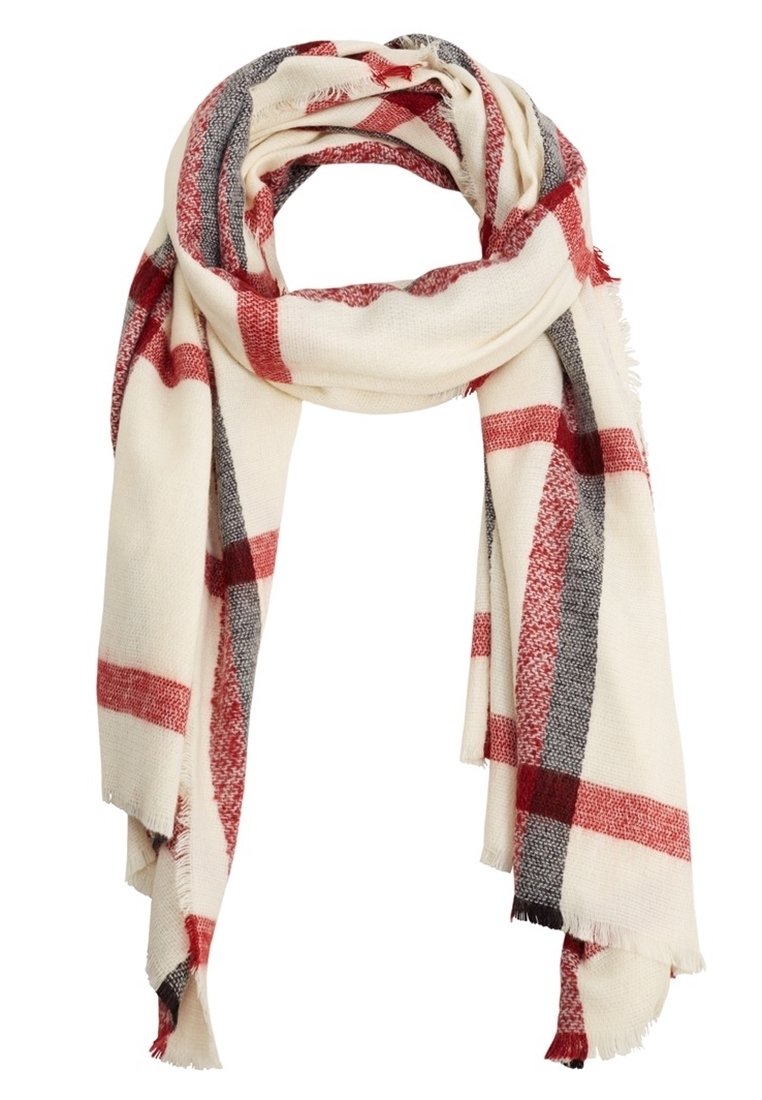 Écharpe douce en crêpe avec de larges rayures à carreaux rouge et gris, enroulée lâchement avec des bords à franges.