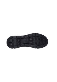Black sneaker sole featuring a textured pattern with rectangular and oval shapes, designed for grip and traction, made of durable rubber material.