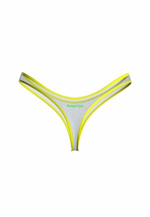 String gris transparent avec bordure jaune néon et logo vert "Maison Close" centré sur la ceinture avant.
