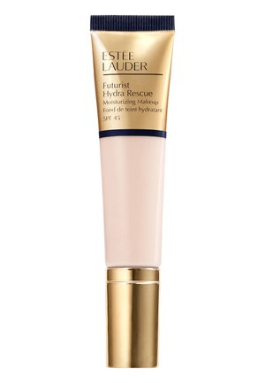 Make-up nawilżający Futurist Hydra Rescue od Estee Lauder w jasnoróżowej tubie z złotymi akcentami, zawierający SPF 45, o gładkiej teksturze i szczegółowych etykietach.