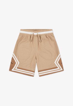 Shorts de sport en mesh beige avec ceinture blanche, cordon de serrage et bandes blanches et marron en chevron à l'ouverture des jambes. Aucune personne présente.
