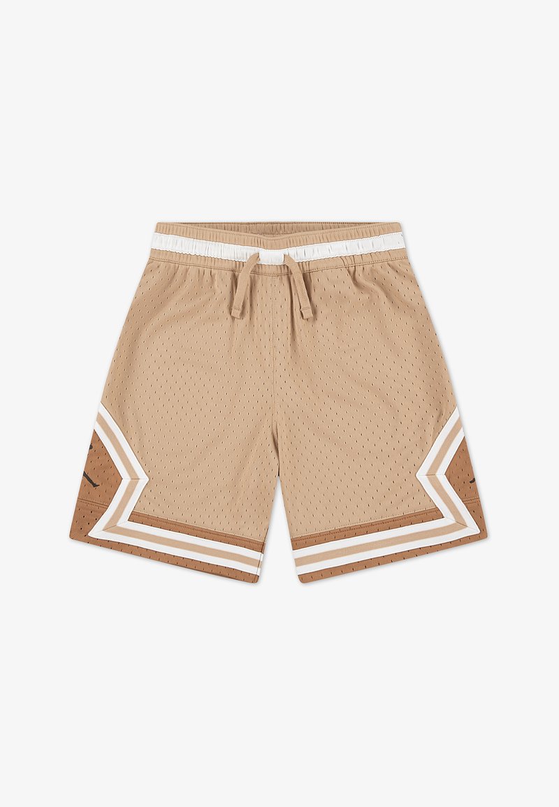Shorts de sport en mesh beige avec ceinture blanche, cordon de serrage et bandes blanches et marron en chevron à l'ouverture des jambes. Aucune personne présente.