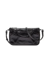 Borsa a tracolla in pelle nera lucida con chiusura a zip e tracolla regolabile, caratterizzata da dettagli di design cuciti in modo sottile.