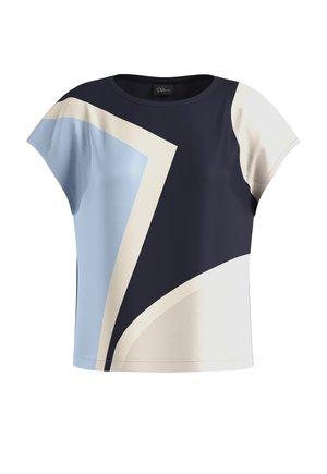 Kurzärmeliges Blusenoberteil mit abstraktem geometrischem Muster in Marineblau, Hellblau, Creme- und Beigetönen.