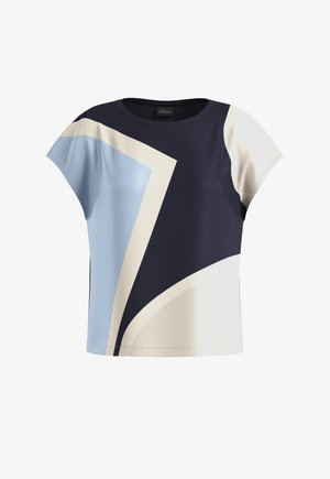 Korte mouwen blouse met abstract geometrisch patroon in marineblauw, lichtblauw, crèmekleur en beige tinten.