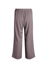 Kalhoty s širokými nohavicemi v světle mauve látce s černými puntíky, s elastickým pasem a hladkou strukturou. Bez kapes a ozdob.