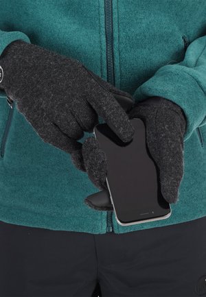 Black touchscreen-compatible gloves made of soft material, featuring a fitted design and textured fingertips, holding a smartphone.