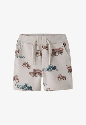 Shorts couleur crème pour tout-petits avec motifs tracteur et moissonneuse bleus et marron, taille élastique et lien blanc.