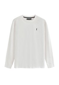 Vit långärmad t-shirt i bomull med rund hals och en liten svart broderad golfspelare-logotyp på bröstet.