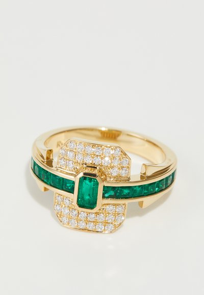 Gold ring featuring a large emerald cut green gemstone at the center, surrounded by smaller diamonds and rectangular green stones.