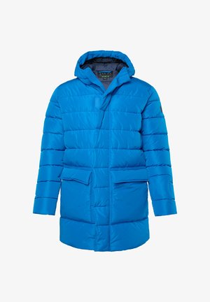 Blauer Puffer-Mantel mit Kapuze, mit gesteppten Abschnitten, zwei Fronttaschen und einem Druckverschluss. Weiche, glatte Textur. Leicht gefüttert.