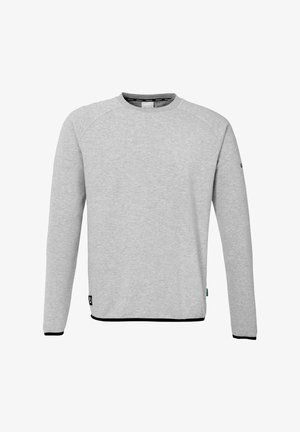 Lichtgrijze sweatshirt met lange mouwen, ronde hals, ribgebreide manchetten en zoom, met een zwarte accent langs de onderkant en een logo op de mouw.