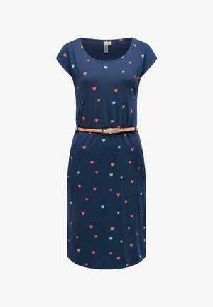 Laivastonsininen mekko, jossa on lyhyet hihat, monivärisiä sydänkuvioita ja oranssi punottu vyö vyötäröllä.