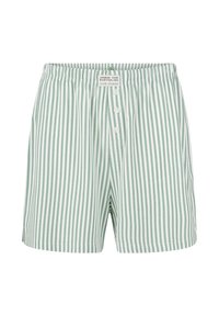 Groen en witte gestreepte boxer shorts met een zachte stof, elastische tailleband, knopen aan de voorkant en een klein label aan de taille.