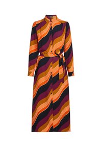Langärmliges Hemdkleid aus leichtem Stoff mit auffälligen Wellenmustern in Orange, Lila und Schwarz; enthält einen Bindegürtel und eine Knopfleiste.