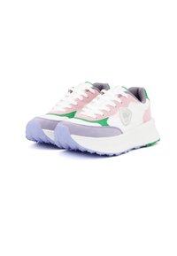 Scarpe sportive con una parte superiore in rete bianca, accenti rosa e verde, pannelli in suede viola e una intersuola bianca texturizzata; suola in gomma per una migliore aderenza.