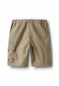 Beige cargoshorts med elastisk midja, två sidofickor och ett tunt, lätt tyg. Har en ficka med lock på benet.