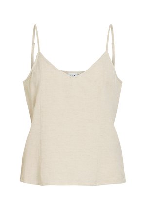 Haut beige sans manches pour femme avec fines bretelles ajustables et encolure en V, fabriqué en tissu léger.