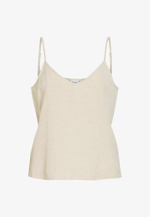 Haut beige sans manches pour femme avec fines bretelles ajustables et encolure en V, fabriqué en tissu léger.