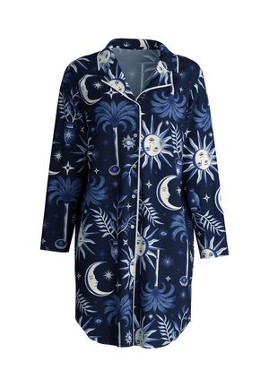 Dunkelblaue Schlafanzugbluse mit einem Muster aus Sonnen, Monden und Palmenblättern in Hellblau und Creme, mit einem Schlupfkragen und Knopfverschluss.