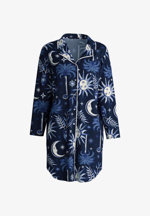 Dunkelblaue Schlafanzugbluse mit einem Muster aus Sonnen, Monden und Palmenblättern in Hellblau und Creme, mit einem Schlupfkragen und Knopfverschluss.