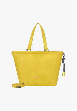 Sac cabas structuré jaune en matière synthétique, doté de deux poignées, d'une bandoulière amovible et d'un logo rose sur le devant.