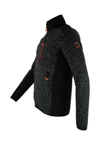 Herrejakke med en sort og grå tekstureret strikket krop, kontrasterende sorte paneler, orange lynlåsdetaljer og et logo-patch på skulderen.