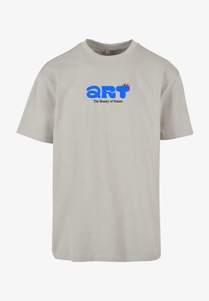 Grey cotton t-shirt with short sleeves, featuring blue text reading "art" and "The Beauty of Nature" below in black. Round neckline.