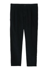 Pantaloni in velluto a coste neri con chiusura a bottone e passanti per cintura, vestibilità dritta, tasche frontali visibili, esposti su sfondo bianco.