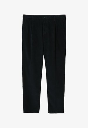 Black corduroy trousers with button closure and belt loops, straight-leg fit, front pockets visible, displayed on white background.
